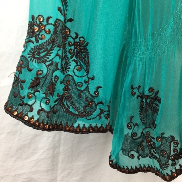 Cache 100% Silk Blue & Brown Sheer Embellished Embroidered Peasant Top S - Picture 5 of 8